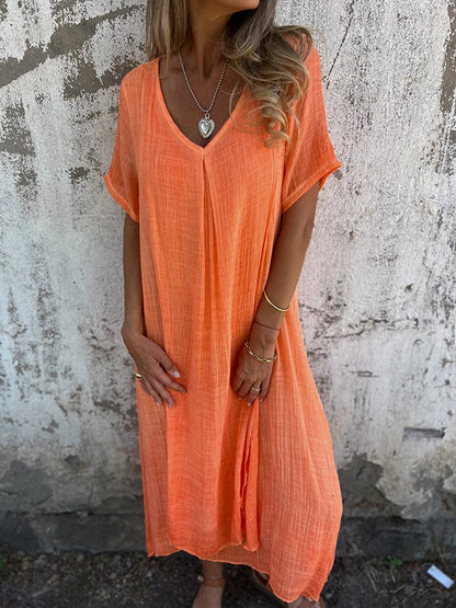 Women’s Dress – Relaxed Fit – V-Neck – Short Sleeve – Center Pleat – Breathable Blend