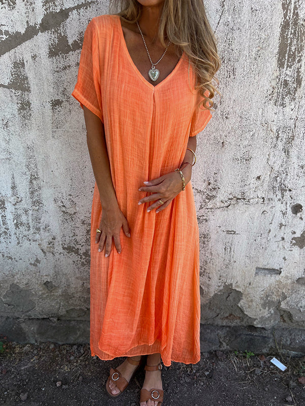 Women’s Dress – Relaxed Fit – V-Neck – Short Sleeve – Center Pleat – Breathable Blend