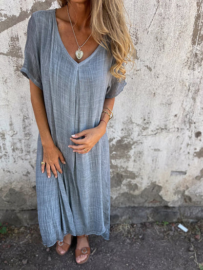 Women’s Dress – Relaxed Fit – V-Neck – Short Sleeve – Center Pleat – Breathable Blend