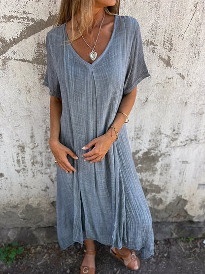 Women’s Dress – Relaxed Fit – V-Neck – Short Sleeve – Center Pleat – Breathable Blend