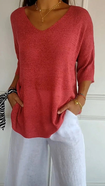 Women's simple loose v-neck knitted top