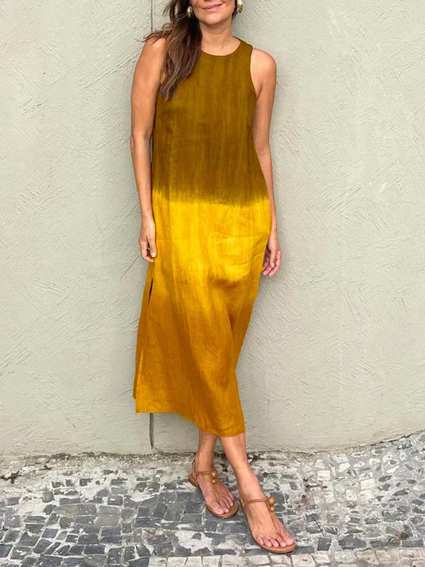 Women’s Midi Dress – Relaxed Fit – Sleeveless – Natural Fibers – Side Slit – Gradient Design