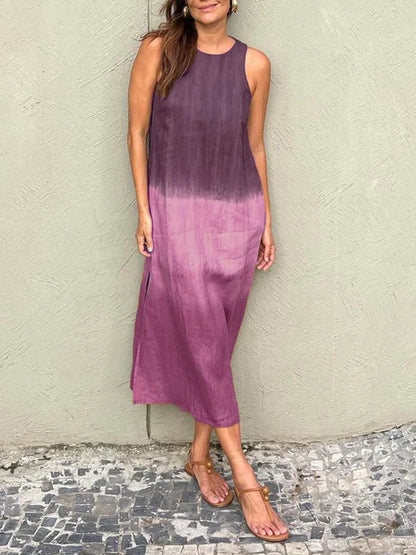 Women’s Midi Dress – Relaxed Fit – Sleeveless – Natural Fibers – Side Slit – Gradient Design