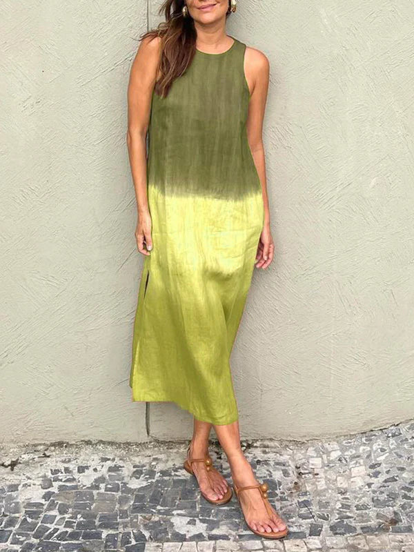 Women’s Midi Dress – Relaxed Fit – Sleeveless – Natural Fibers – Side Slit – Gradient Design