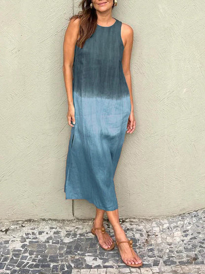 Women’s Midi Dress – Relaxed Fit – Sleeveless – Natural Fibers – Side Slit – Gradient Design