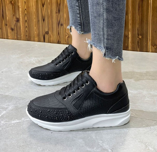 Women’s Ortho Sneakers – Rhinestone Detail – Snakeskin Texture – Lace-Up Support