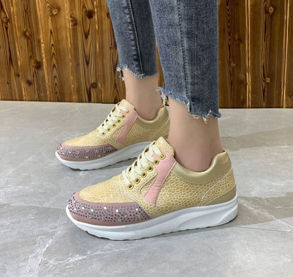 Women’s Ortho Sneakers – Rhinestone Detail – Snakeskin Texture – Lace-Up Support