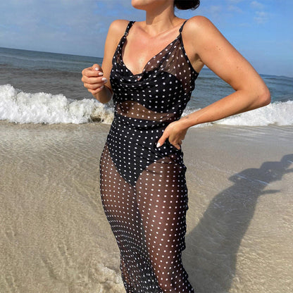 Women’s Slip Dress – Slim Fit – Sheer Mesh – Spaghetti Strap – Full Length – Dotted Pattern
