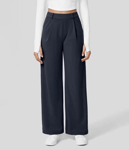 Women's Wide-Leg Trousers - High Waist - Pleated Front - Full Length - Side Pockets