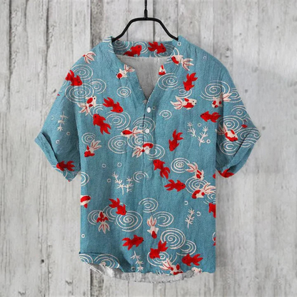 Men’s Casual Shirt – Relaxed Fit – Short Sleeve – Henley Neck – Artistic Cat Graphic