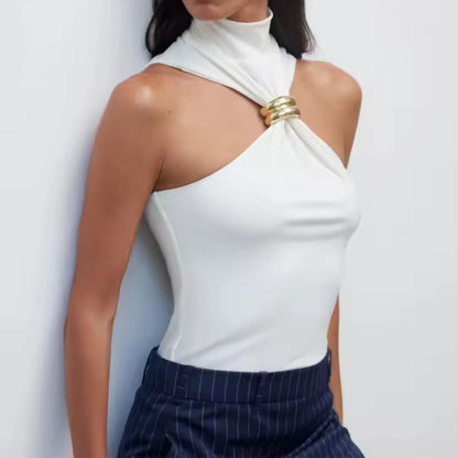 Women’s Tank Top – Slim Fit Halter – Mock Neck Soft Knit with Metal Ring Detail