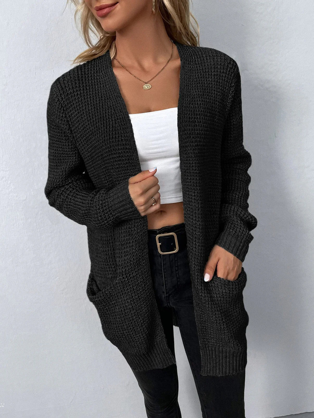 Women’s Long Cardigan – Relaxed Fit – Soft Knit – Open Front – Ribbed Hem – Pockets