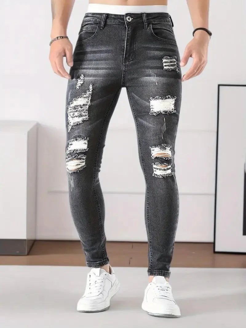 Men’s Skinny Jeans - Distressed Ripped Denim - Slim Fit Stretch - Casual Streetwear