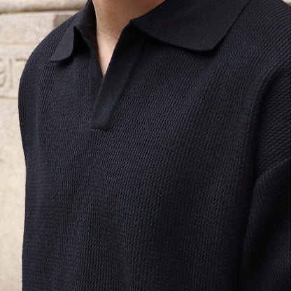 Men’s Knit Pullover Top – Relaxed Fit – Ribbed Cotton Blend – Buttonless Collar – Long Sleeve