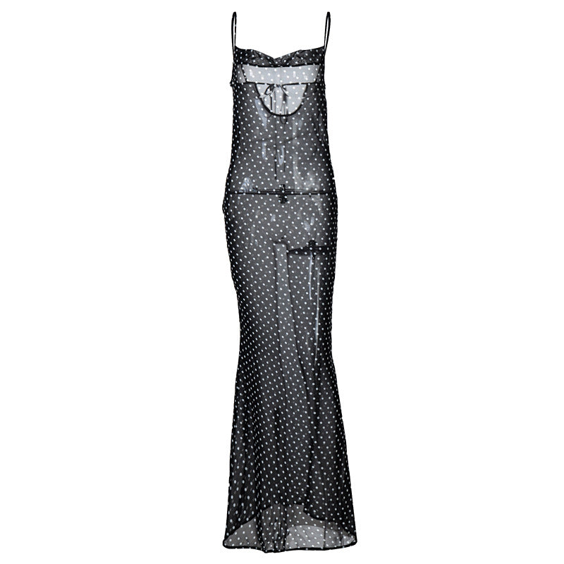 Women’s Slip Dress – Slim Fit – Sheer Mesh – Spaghetti Strap – Full Length – Dotted Pattern