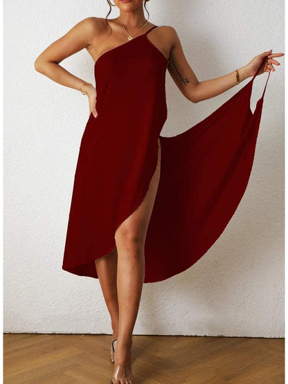 Women's One-Shoulder Maxi Dress - Asymmetrical Cut - High-Low Hem - Elegant Flowy Fit