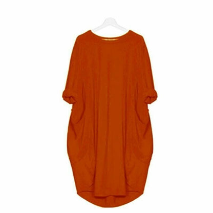 Women’s Midi Dress – Relaxed Fit – Breathable Blend – Round Neck – Side Pockets
