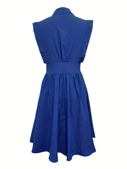 Women's Midi Dress - Fitted Waist - A-Line Silhouette - Collared - Cap Sleeves