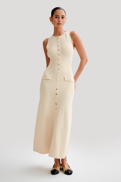 Women’s Midi Dress – Sleeveless Knit – Button Front – Fitted Silhouette – Flap Pockets