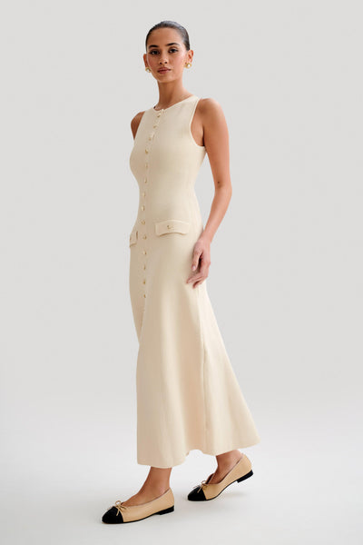 Women’s Midi Dress – Sleeveless Knit – Button Front – Fitted Silhouette – Flap Pockets