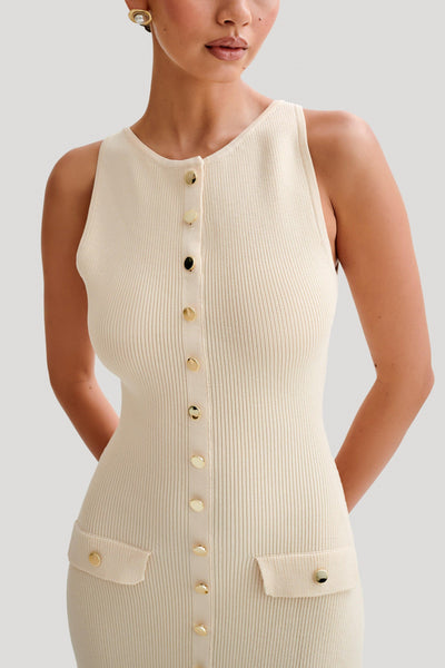 Women’s Midi Dress – Sleeveless Knit – Button Front – Fitted Silhouette – Flap Pockets