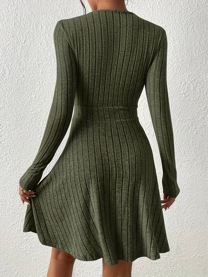 Women's Knit Dress - Wrap V-Neck - Long Sleeve - Ribbed A-Line Silhouette