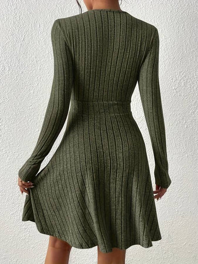 Women's Knit Dress - Wrap V-Neck - Long Sleeve - Ribbed A-Line Silhouette