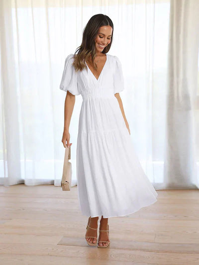 Women's Midi Dress - V-Neck - Puff Sleeve - Fitted Waist - Tiered Skirt - Lightweight
