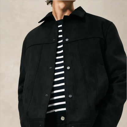 Men’s Suede Jacket – Regular Fit – Button-Up Front – Classic Collar – Hip Length