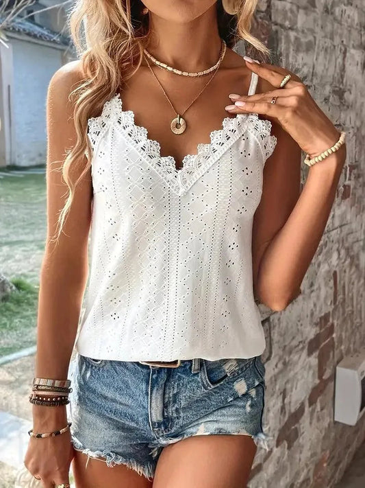 Women's Sleeveless Eyelet Top - V-Neck - Embroidered Lace Trim - Adjustable Straps