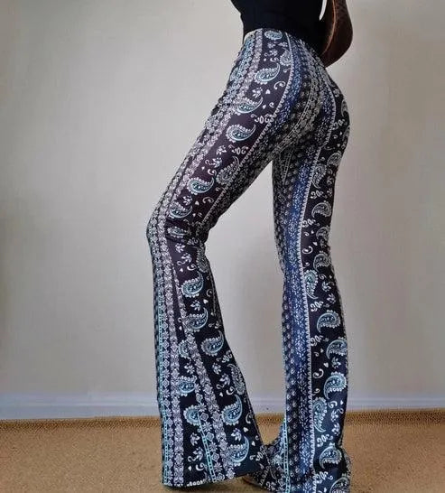 Women's High-Waisted Flared Trousers - Stretch Fabric - Retro Boho Print - Elegant Fit