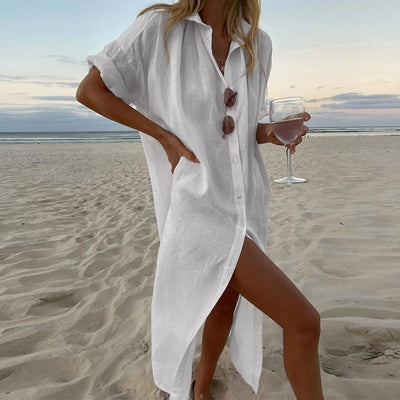 Women’s Shirt Dress – Button Down – Short Sleeve – Lightweight – Collared – Front Slit