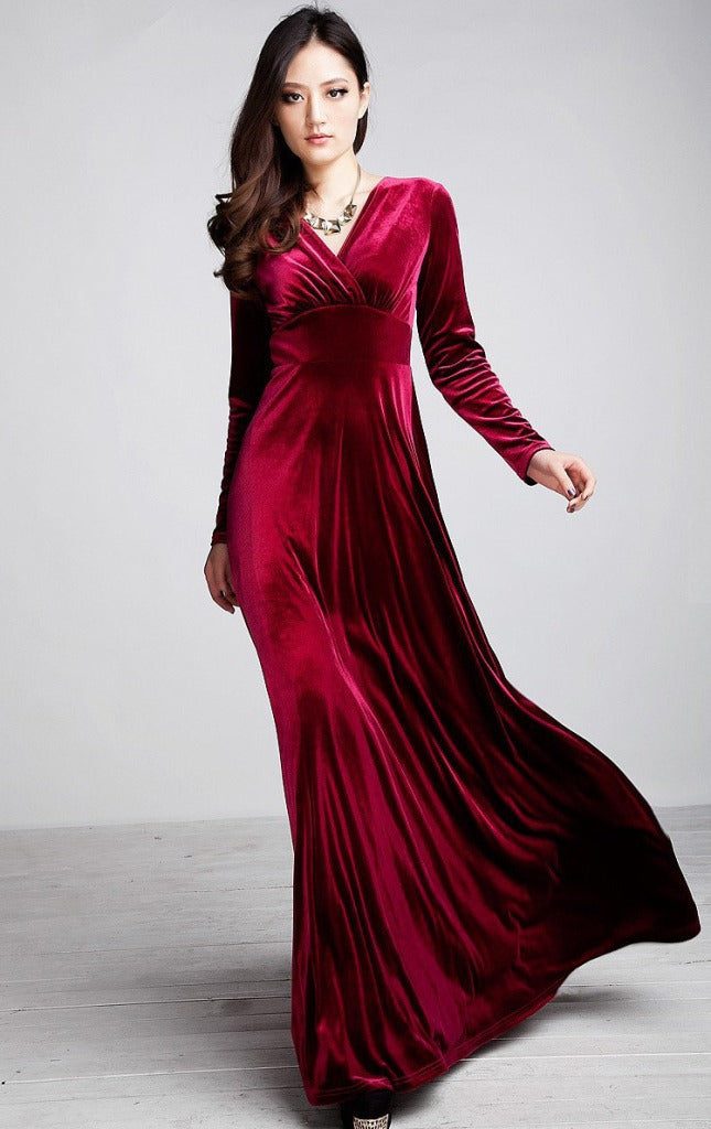 Women’s Evening Dress – Velvet – Wrap Bodice – V-Neck – Long Sleeve – Floor Length