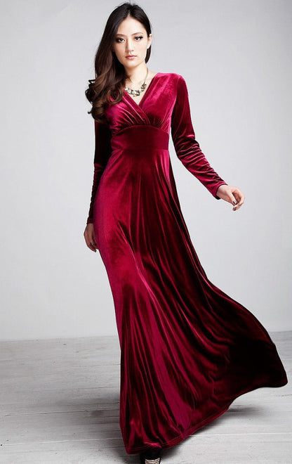 Women’s Evening Dress – Velvet – Wrap Bodice – V-Neck – Long Sleeve – Floor Length