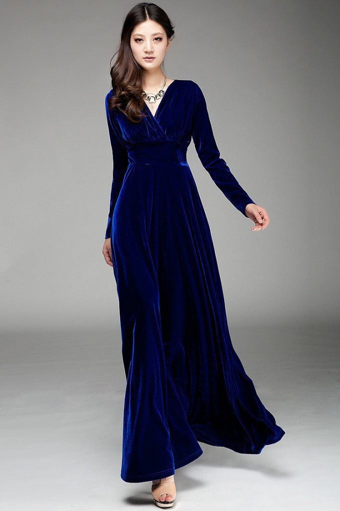 Women’s Evening Dress – Velvet – Wrap Bodice – V-Neck – Long Sleeve – Floor Length