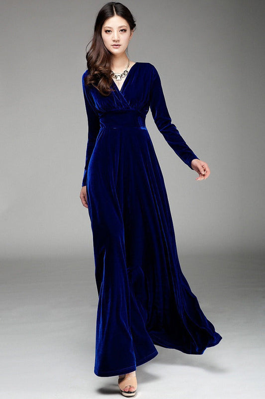 Women’s Evening Dress – Velvet – Wrap Bodice – V-Neck – Long Sleeve – Floor Length