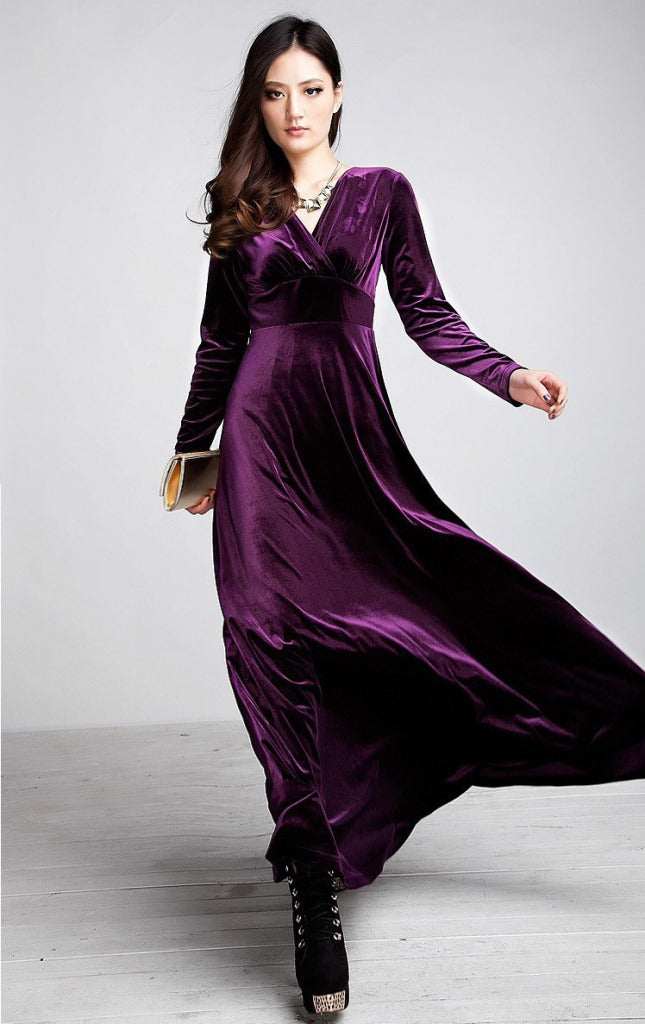 Women’s Evening Dress – Velvet – Wrap Bodice – V-Neck – Long Sleeve – Floor Length