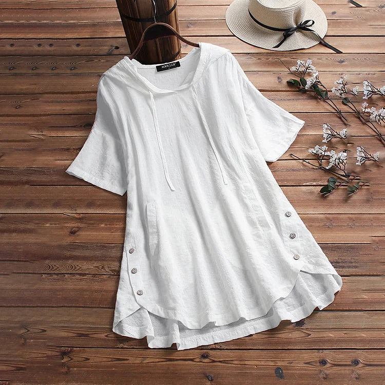 Women’s T-Shirt – Relaxed Fit – Round Neck – Button Detail – Breathable Blend