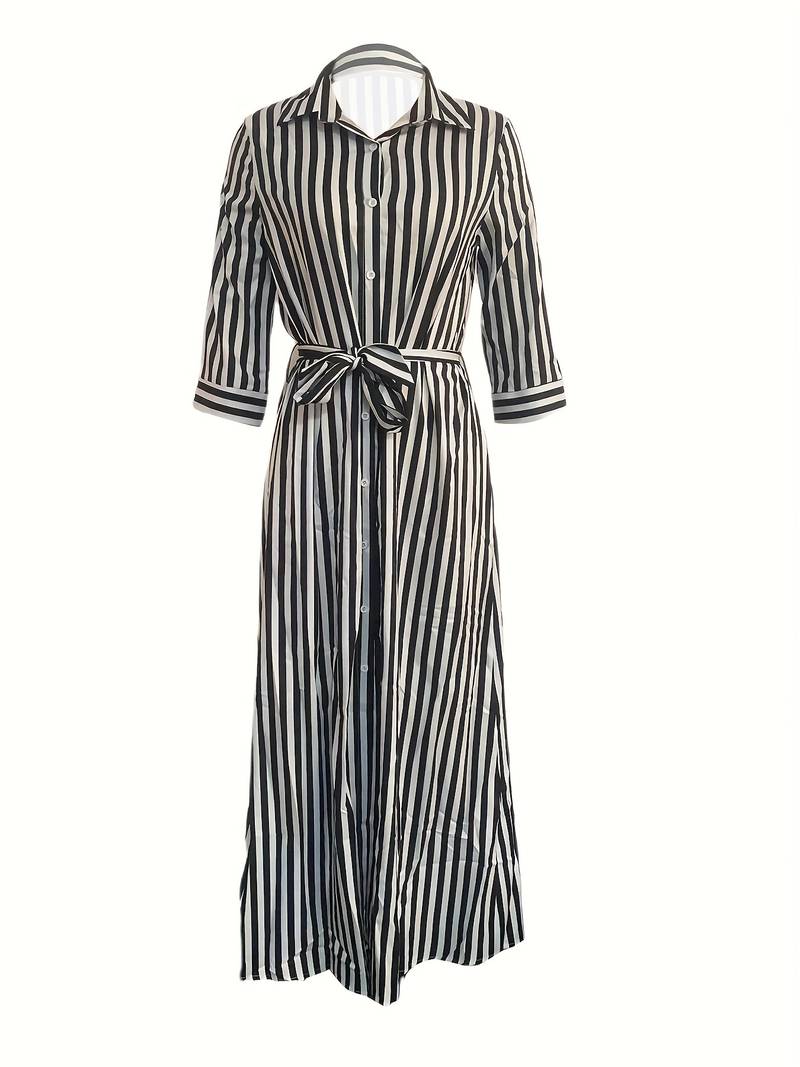 Women's Maxi Dress - Striped Button-Down - Tie Waist - V-Neck - Three-Quarter Sleeve