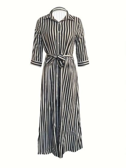 Women's Maxi Dress - Striped Button-Down - Tie Waist - V-Neck - Three-Quarter Sleeve