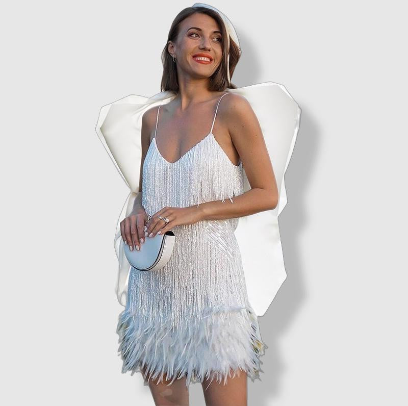 Women's Evening Dress - Fitted Silhouette - Sequin Fringe Detailing - Feather Hem