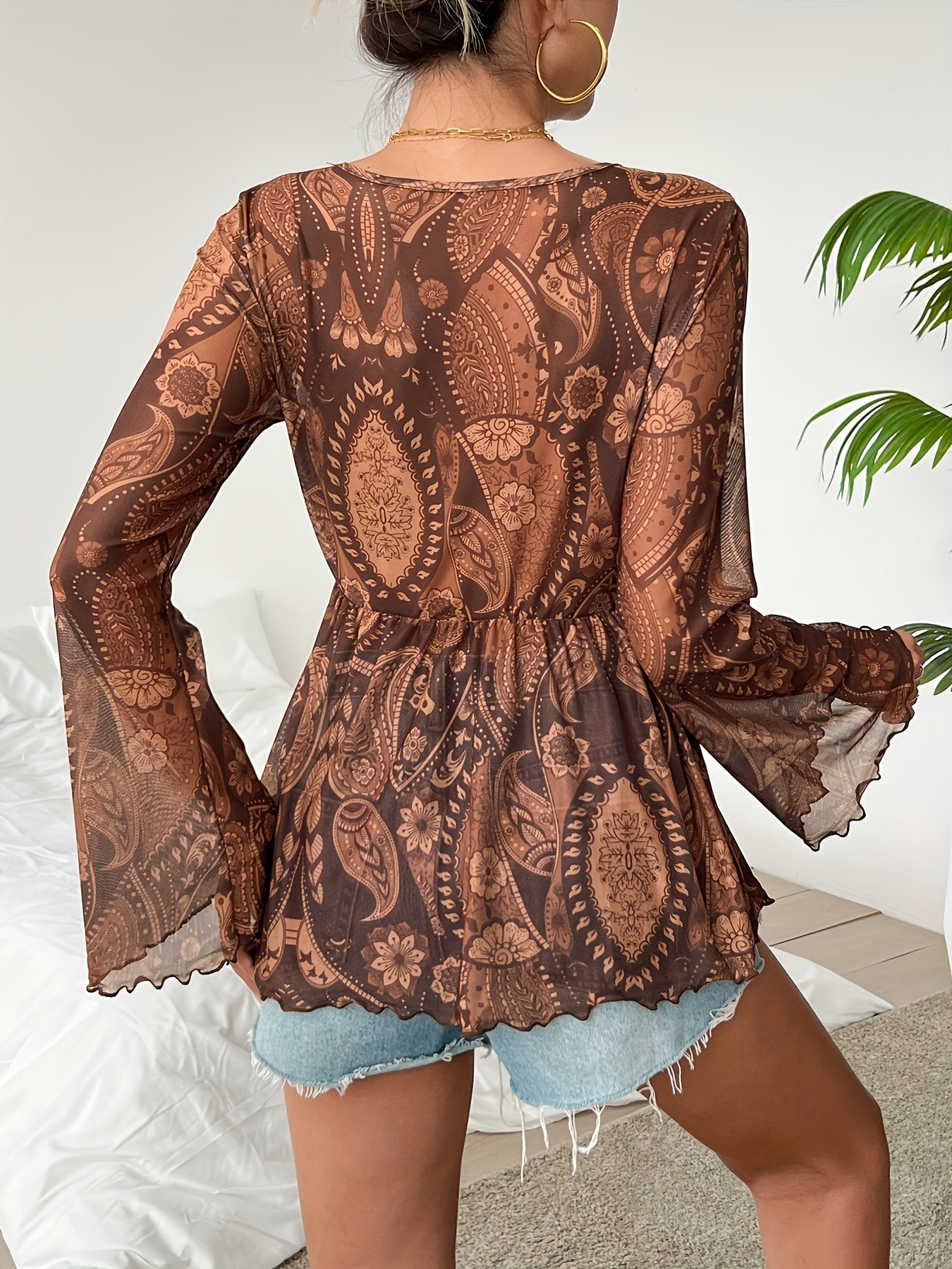 Women's Bohemian Blouse - Paisley Pattern - V-Neck - Flared Sleeves - Lightweight Sheer Fit