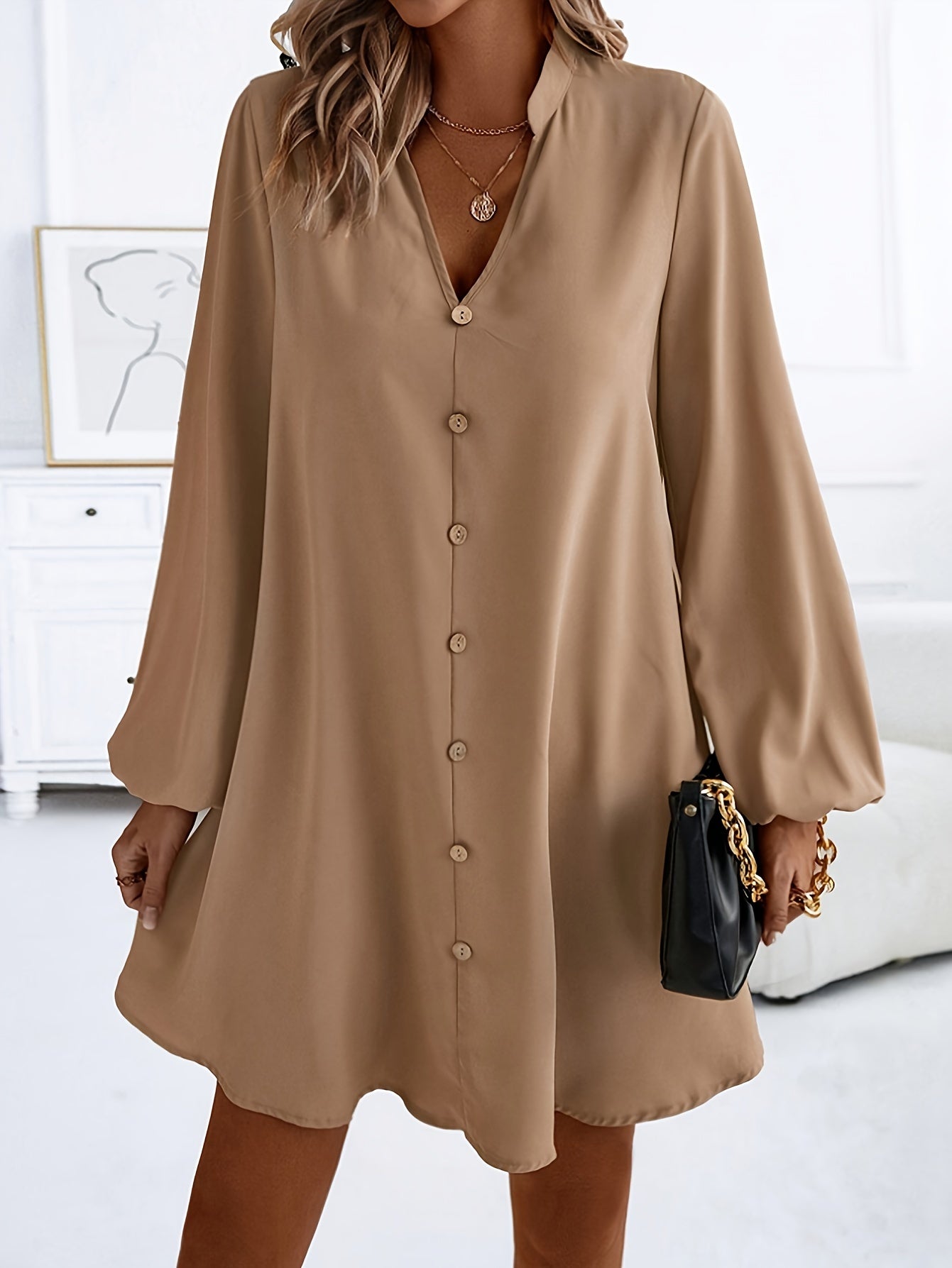Long sleeve button-down mini dress for women