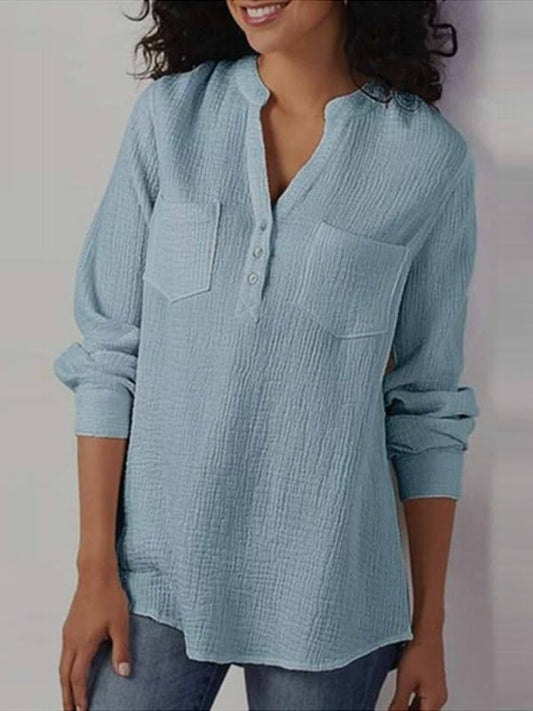 Women’s Blouse – Relaxed Fit – Long Sleeve – Soft Textured – Band Collar – Chest Pockets