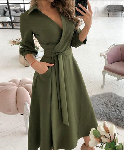 Women’s Wrap Dress - V-Neckline - Fitted Waist with Sash - Three-Quarter Sleeve Midi