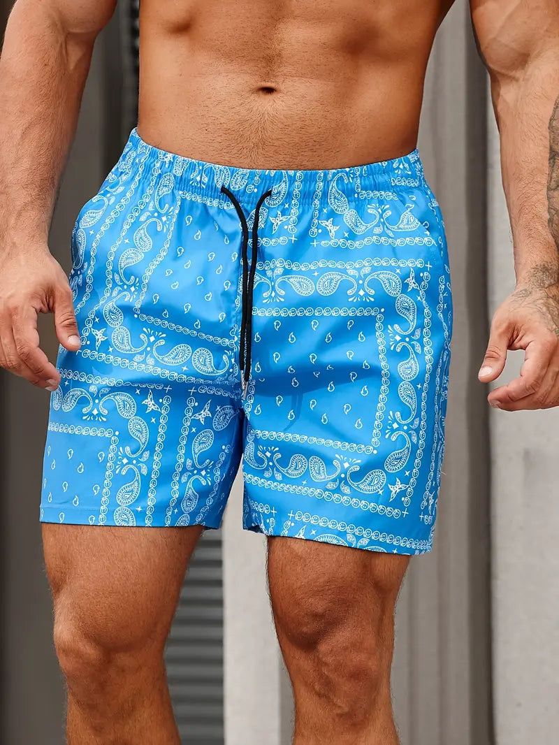 Men’s Swim Shorts – Quick-Dry Breathable Fabric – Bandana Print – Relaxed Fit – Mid-Thigh