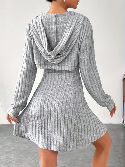 Ribbed knit flare dress with hooded detail for women