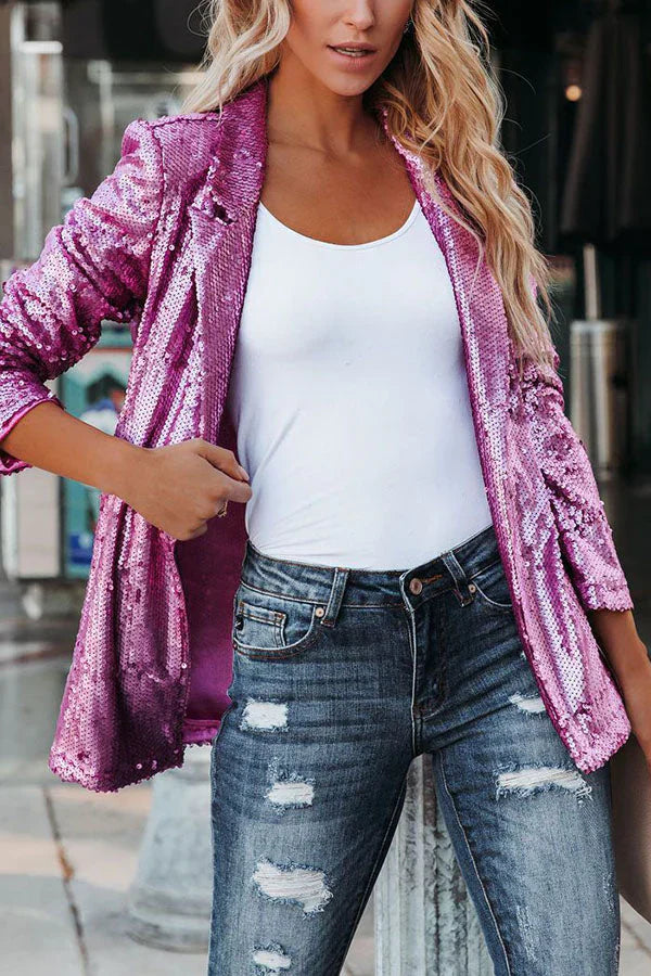 Sequin Long Sleeve Lapel Blazer - Sparkly Statement Party Outerwear for Women