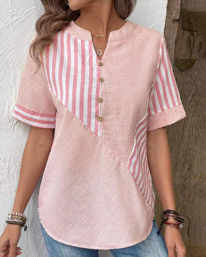 Women's Blouse - Lightweight Breathable Fabric - Striped - Mandarin Collar - Short Cuffed Sleeves