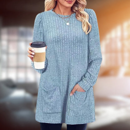 Women's medium length sweater with round neckline